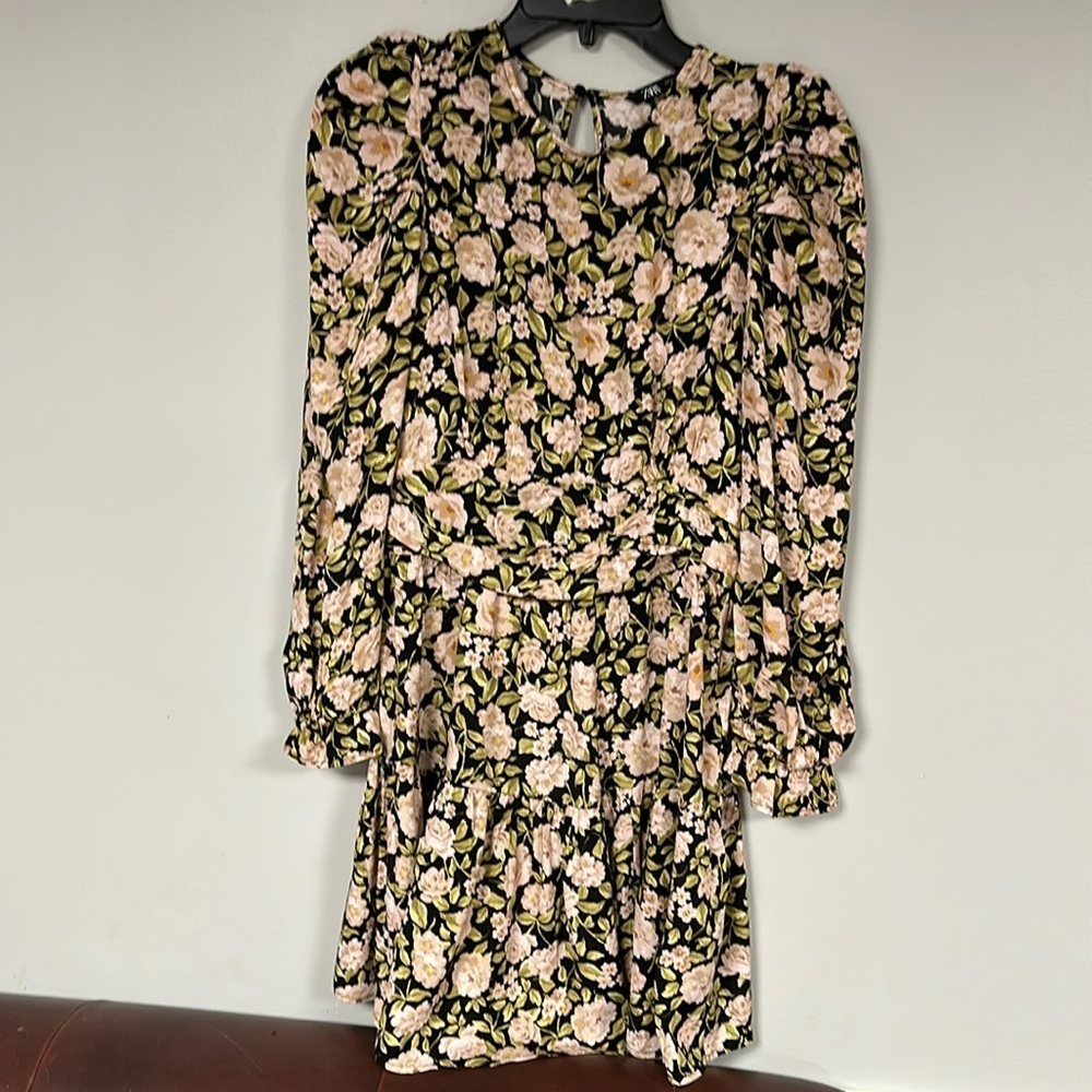 Zara Black Floral  Flowy Cottage Core Dress, Open Slit Back , S